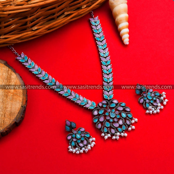 Navrathri Special Oxidised Silver Floral Pendant Necklace with Leaf Patterns Stones and Earrings with Pearls Jewellery Set