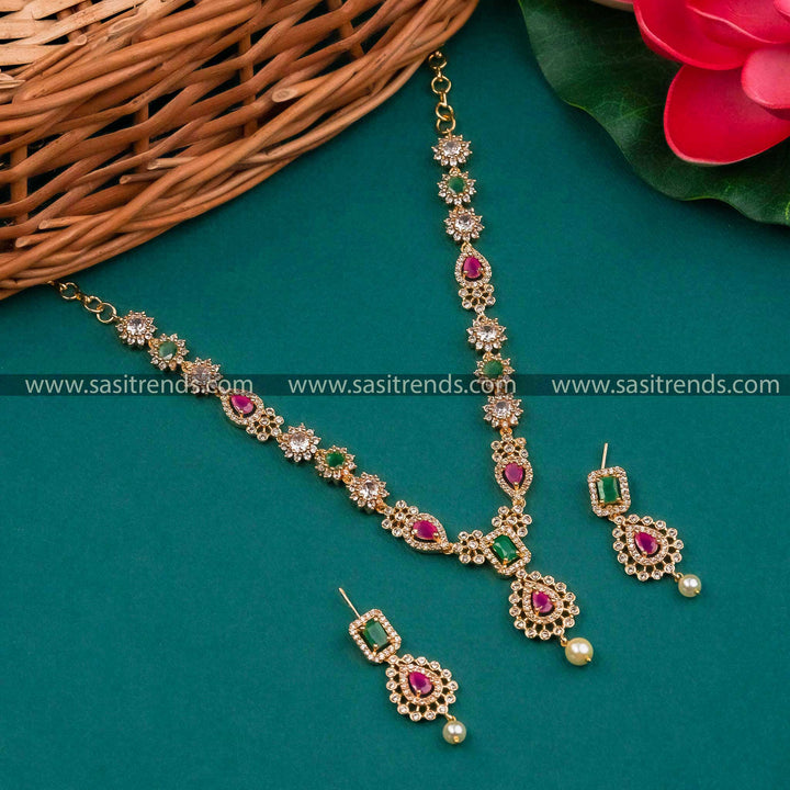 Trendy Micro Gold Plated Flower Pendant AD Jewellery Set for Women | Sasitrends