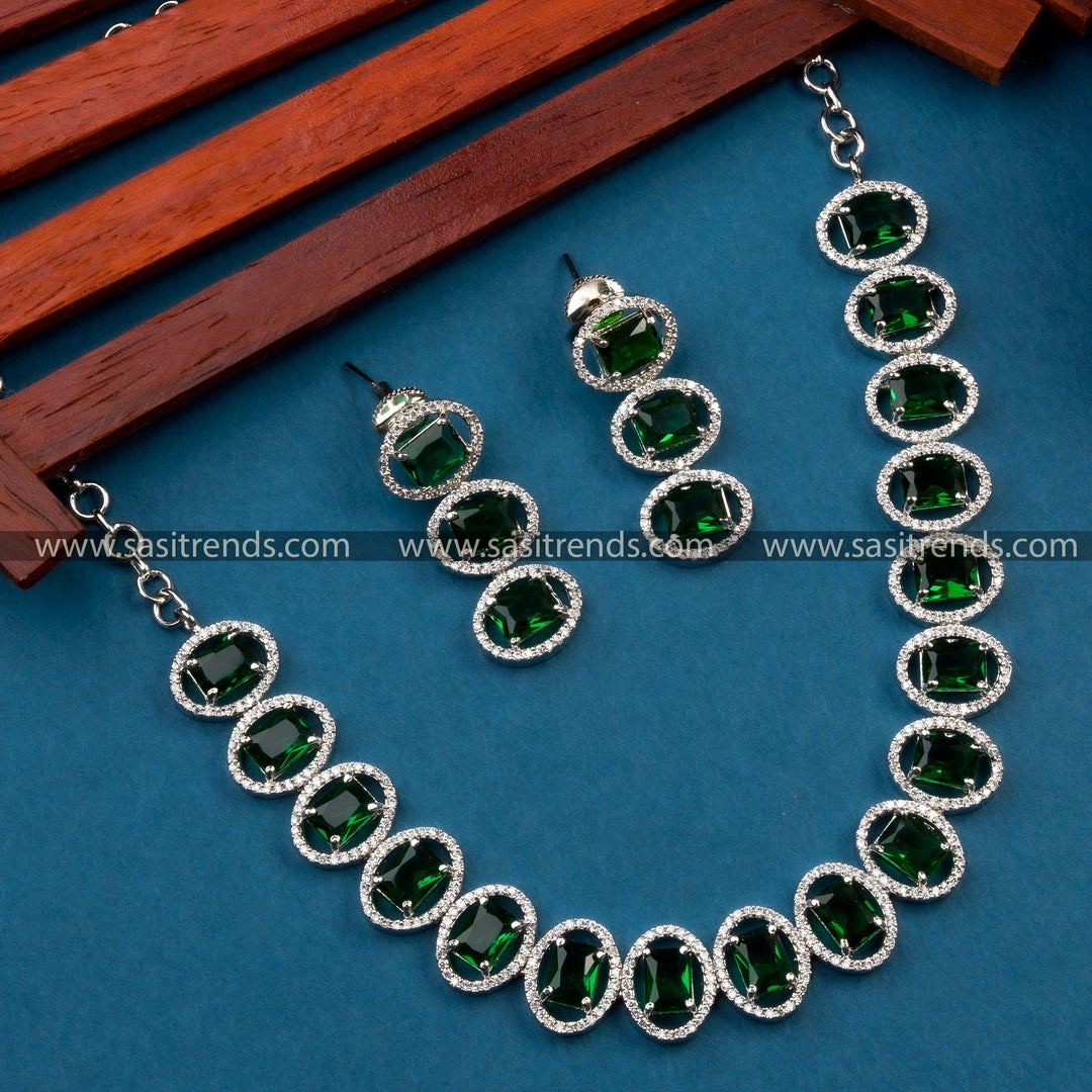 Elegant Party Wear Necklace Set with Green Stone Accents - Rhodium Silver Plated, AD Necklace with Earrings for Women