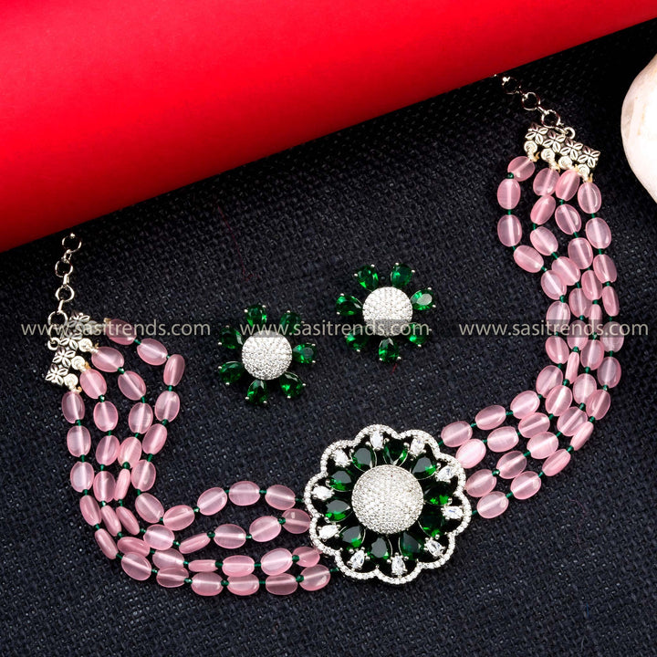 Gorgeous Party Wear Choker Jewellery Set with Four Lined Monalisa Stones and Rhodium Silver Plated Floral Pendant Adorned with American Diamond Stones