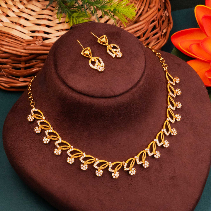 Temple Matte Gold Plated Leaf Jewellery Set with American Diamond Accents | Sasitrends