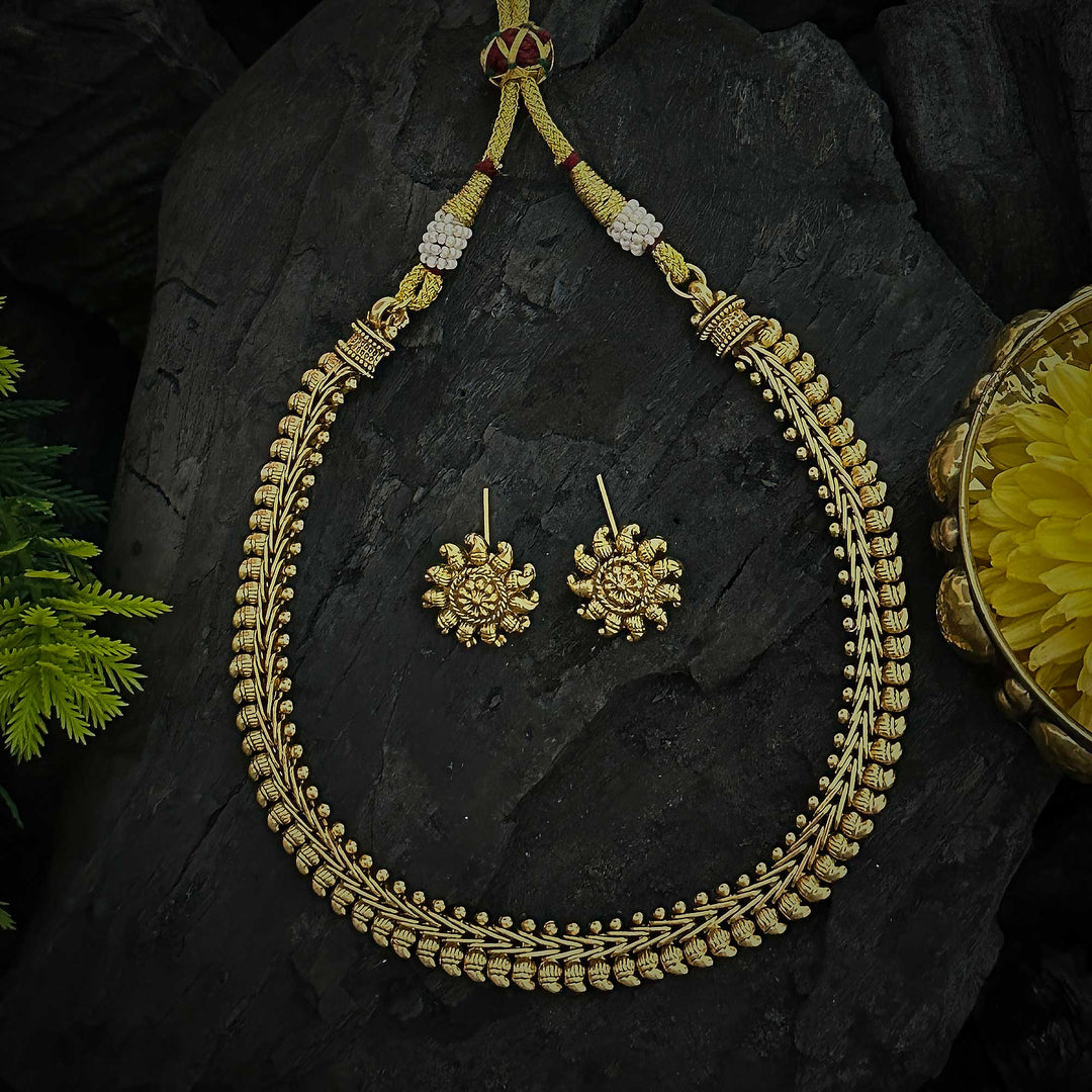 Antique Gold Plated Mango Leaf Necklace with Premium Stones