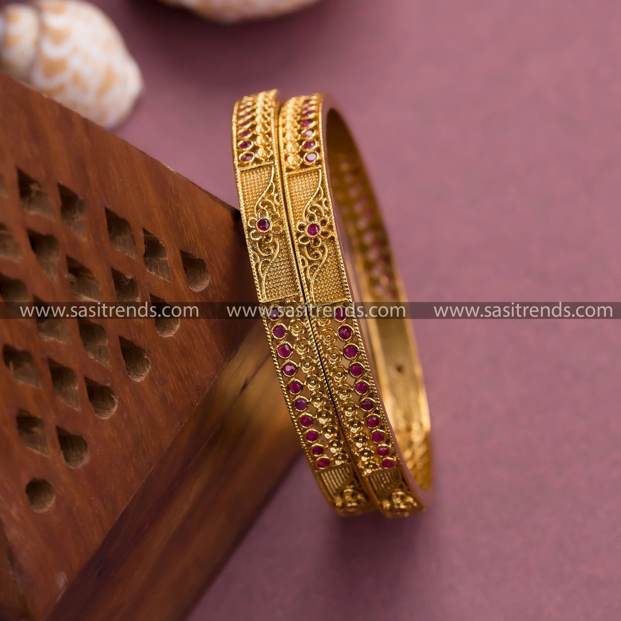 Traditional Temple Gold Plated Bangles with Floral Ruby Stones for Women - Online Shopping