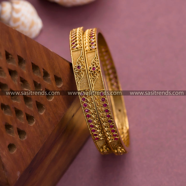 Latest Traditional Temple Matte Gold Plated Bangles with Floral Ruby Stones – Perfect for Women's Traditional Occasions | Sasitrends