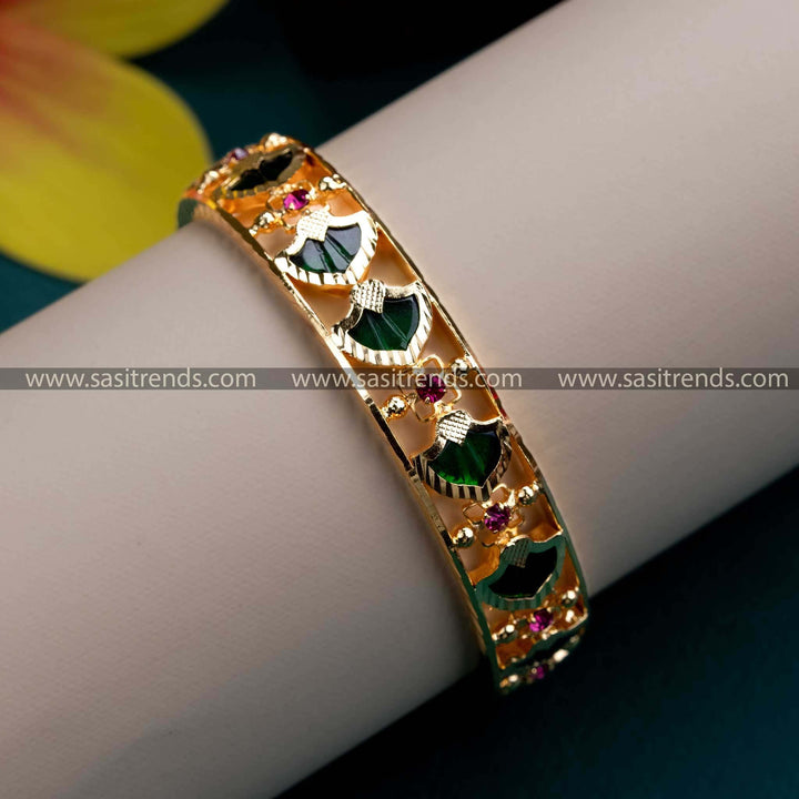 Kerala Traditional Wear Micro Gold Plated Palakka Bangle - Green Petals