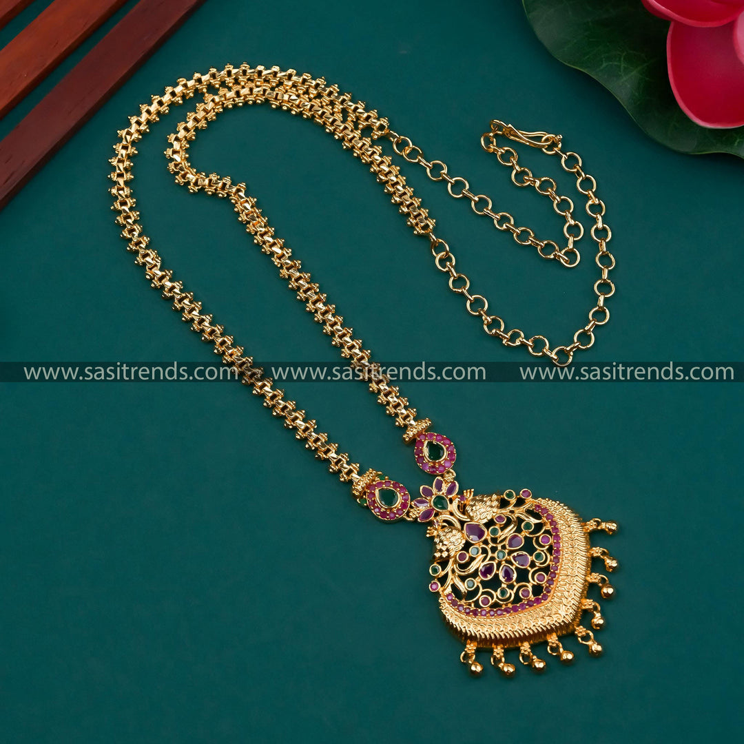 Traditional Gold Plated Peacock Pendant Chain with AD Stones