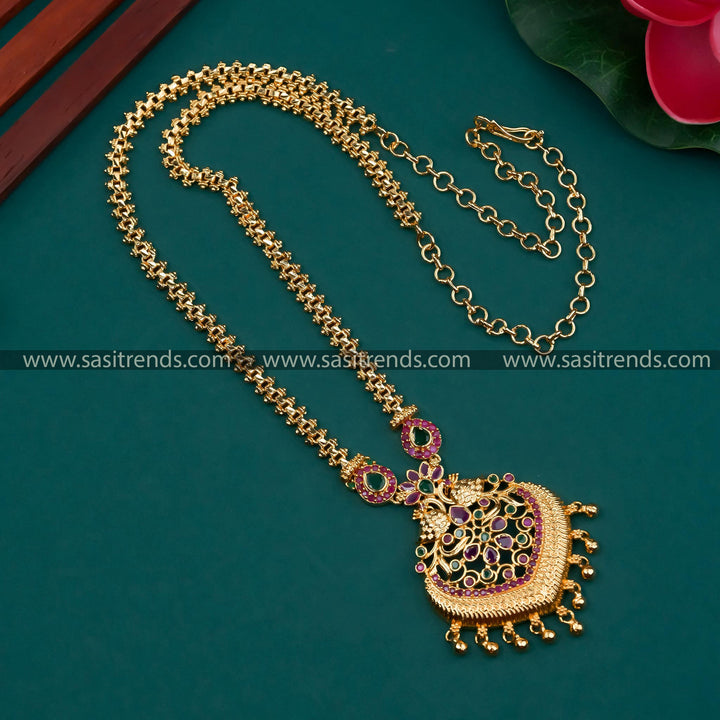 Traditional Micro Gold Plated Long Peacock Pendant Gajiri Necklace with American Diamond Stones | Sasitrends