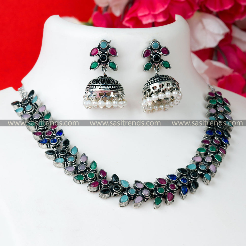 Stunning Party Wear Oxidised German Silver Necklace with Multi-Colored Stones - Elevate Your Style with This Elegant Jewelry Set