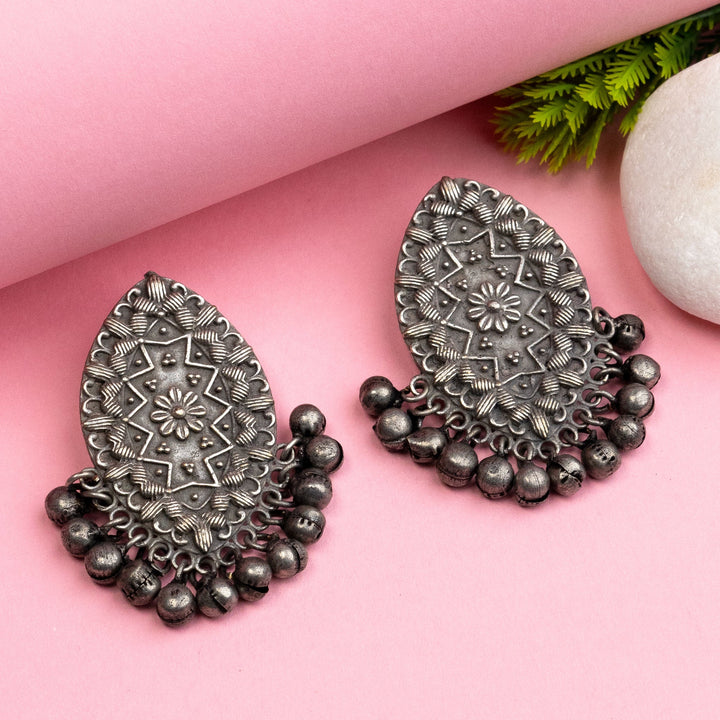 Oval Shaped Oxidised Earrings with Ghungroo Beads