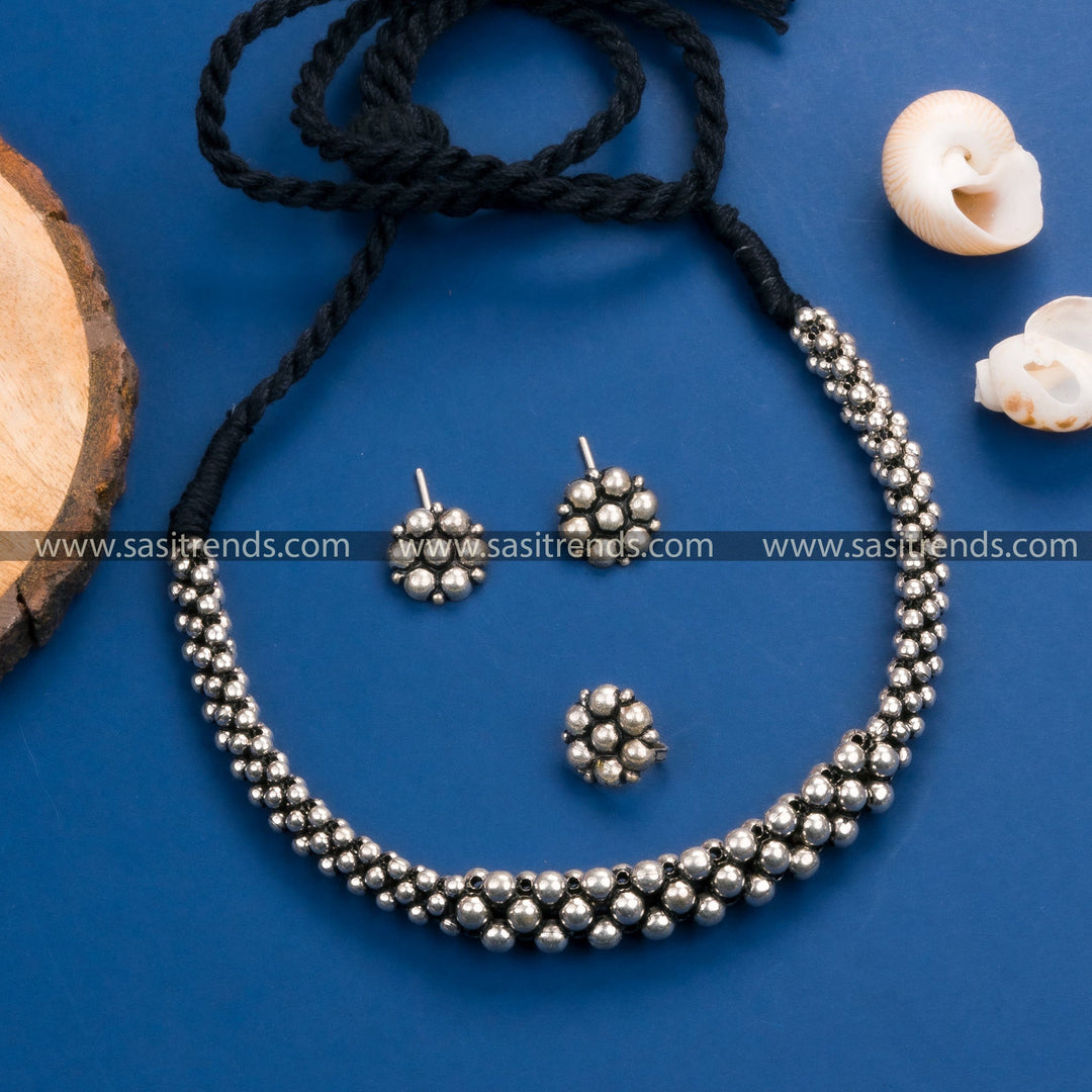 Kolhapuri Oxidized German Silver Necklace Set with Floral Earrings and Ring - Elegant Jewelry for Special Occasions