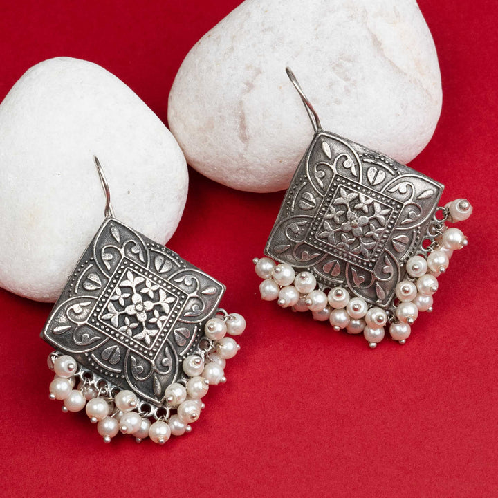 Oxidised Silver Tone Earrings with Dangling Pearls - Party Wear