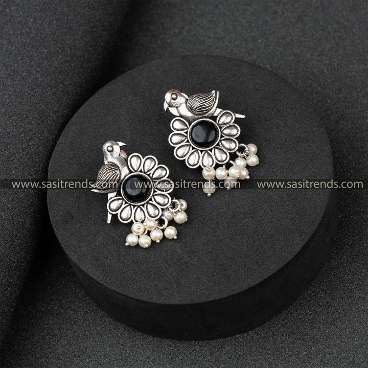 Oxidised German Silver Parrot Designer Pearls Round Monalisa Stone Studded Earrings