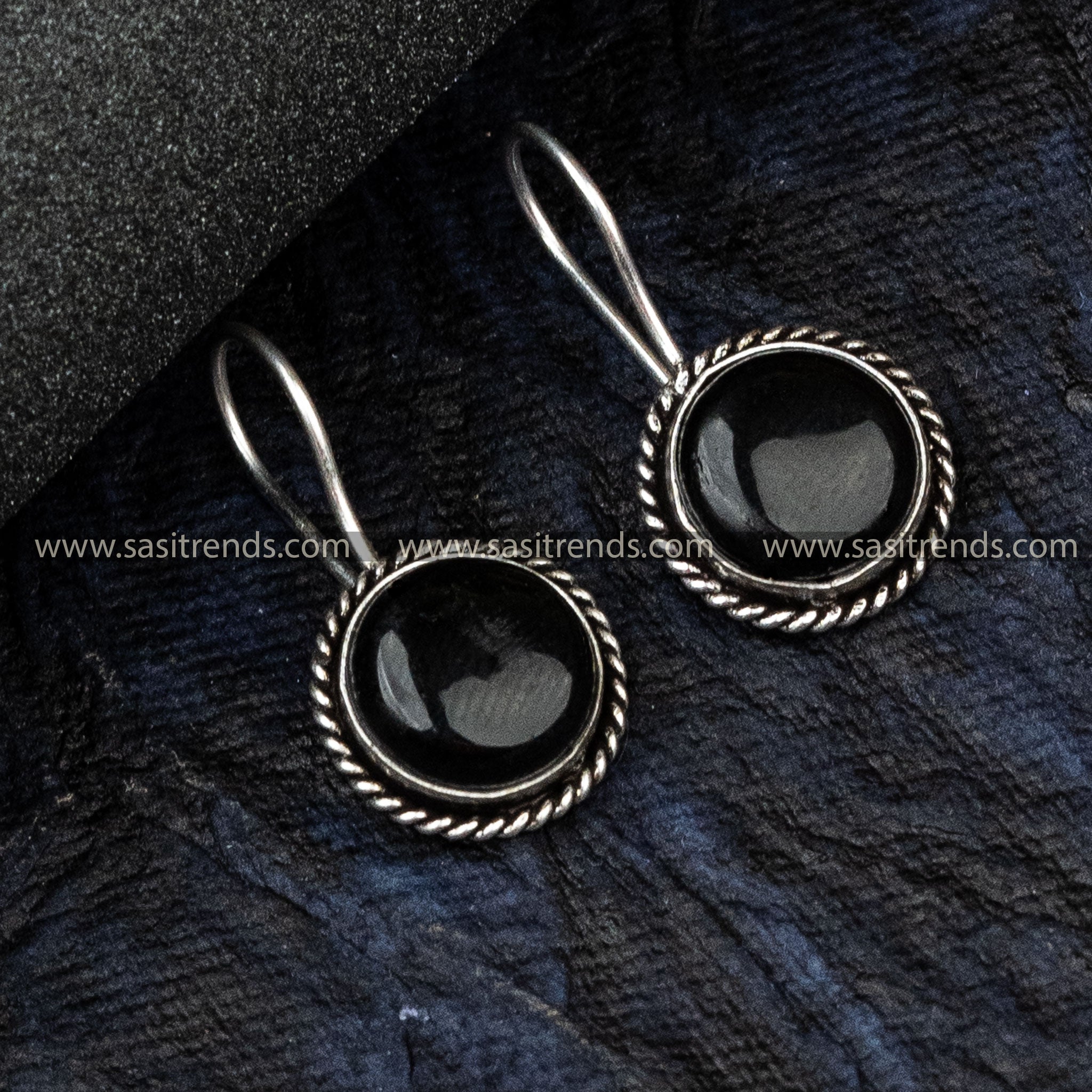 Trendy Oxidized German Silver Earrings Circular Pattern Monalisa Stone Black Earrings