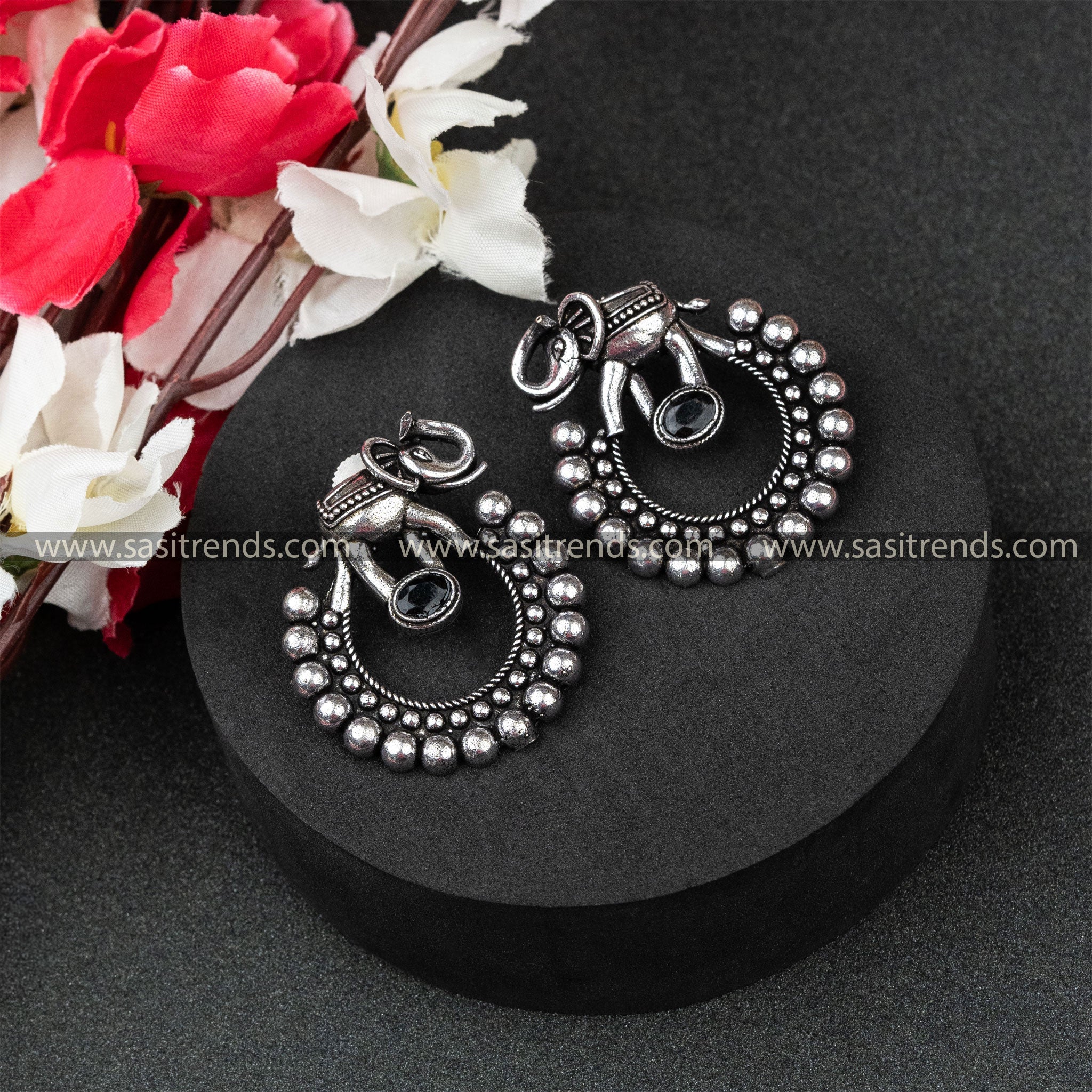 Trendy Oxidised German Silver Elephant Designer Oval Monalisa Stone Earrings