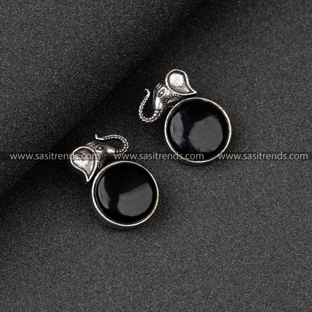 OXidised German Silver Elephant Head And Round Monalisa Stone Black Earrings