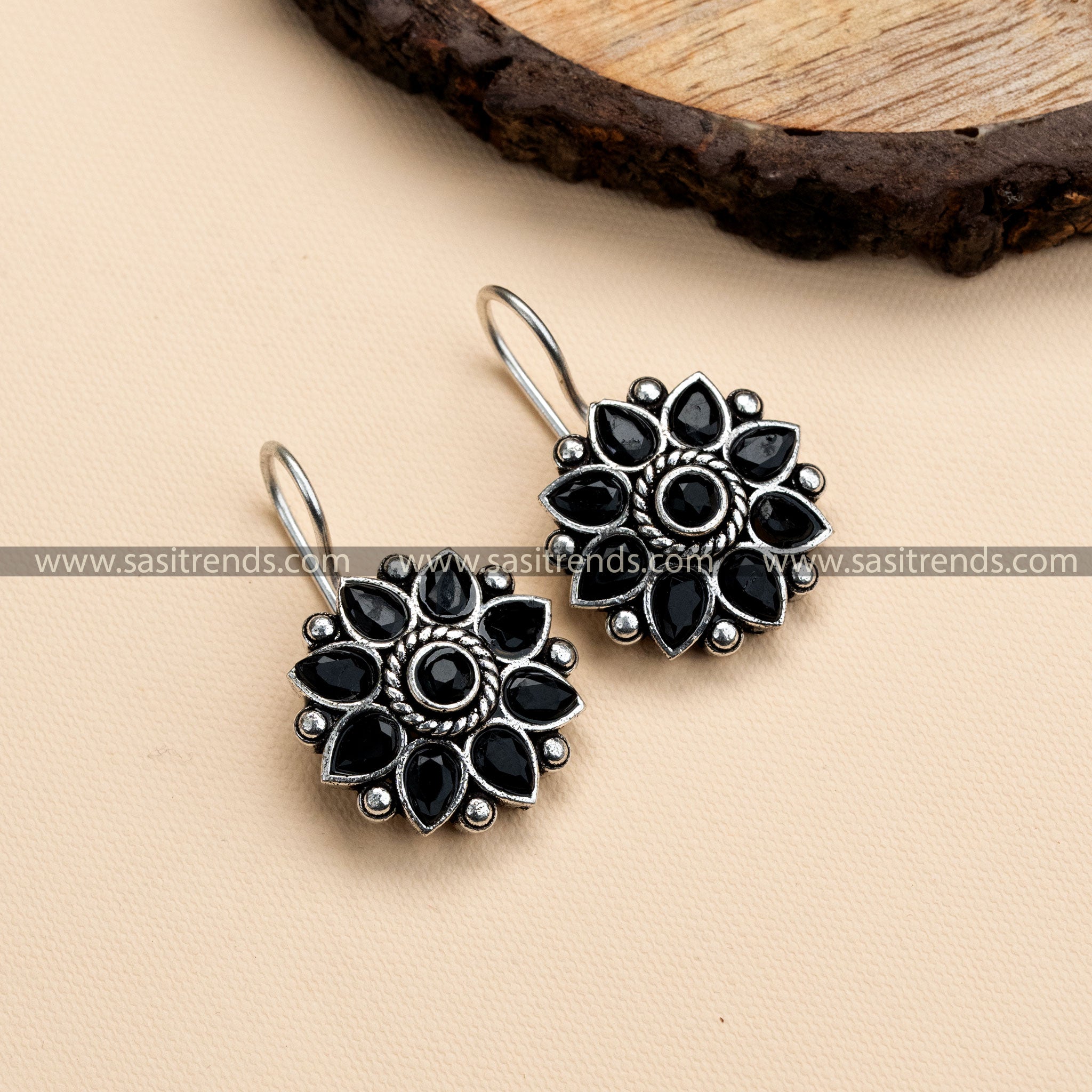 Oxidized German Silver Flower Design Stone Earrings 