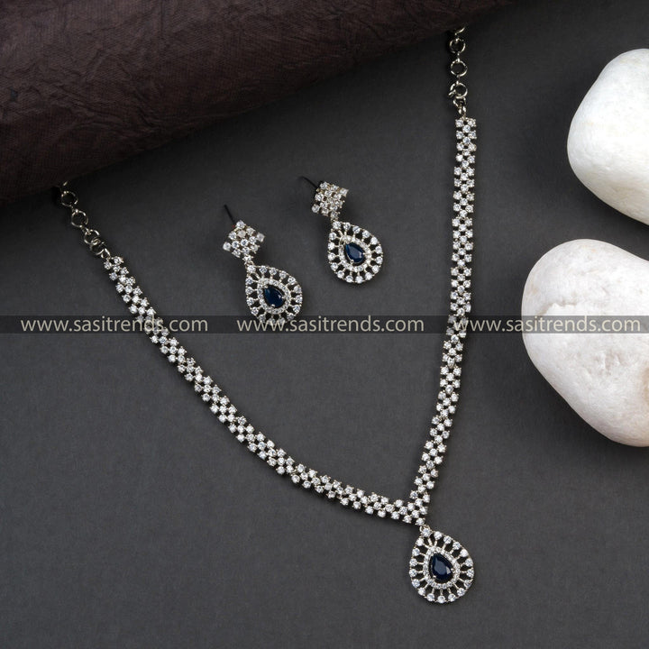 Trendy Rich Look Party Wear American Diamond Stones Jewellery Set with Rhodium Silver Plated Thilak Pendant | Sasitrends