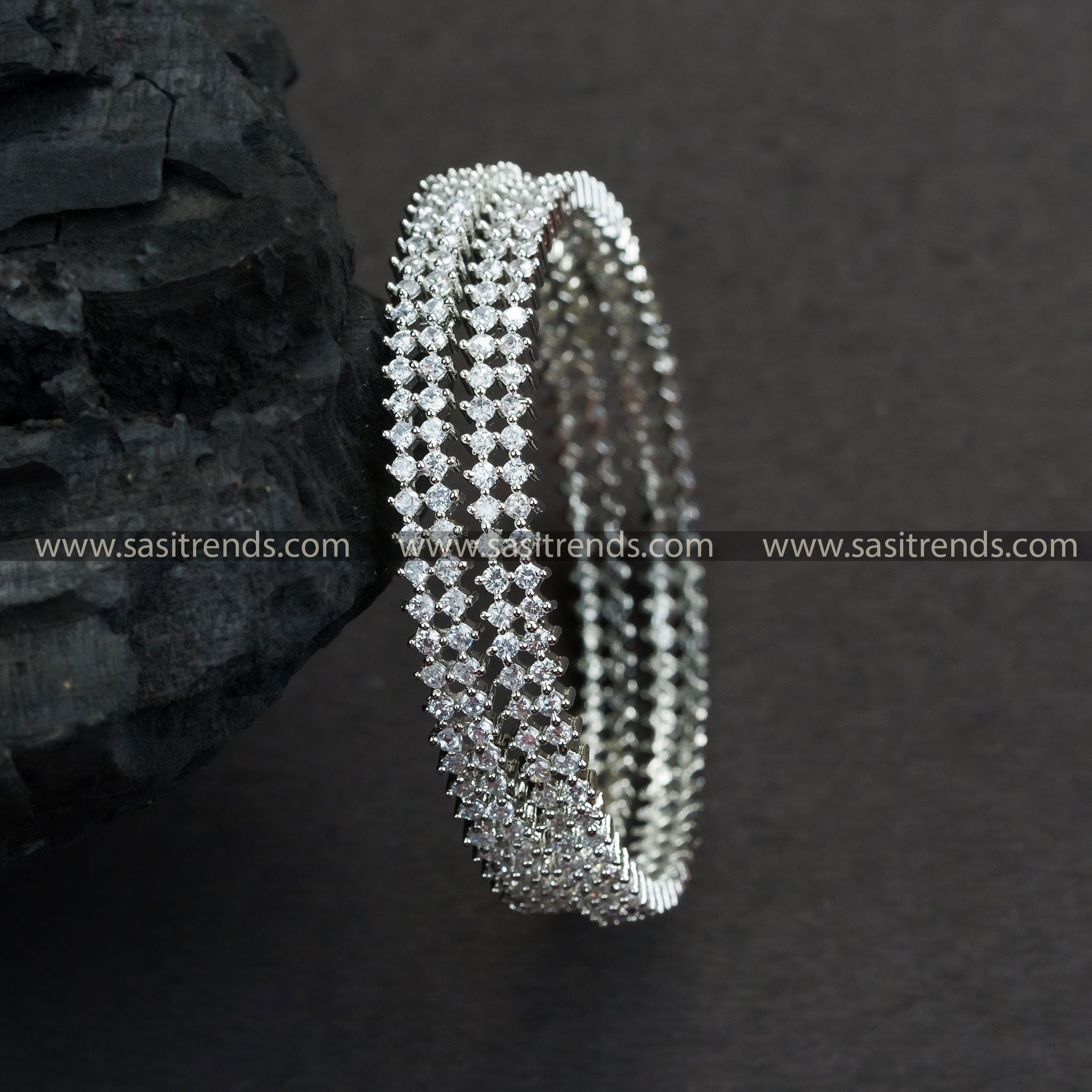 Rhodium Silver Plated Party Wear Bangles with White American Diamond Stones