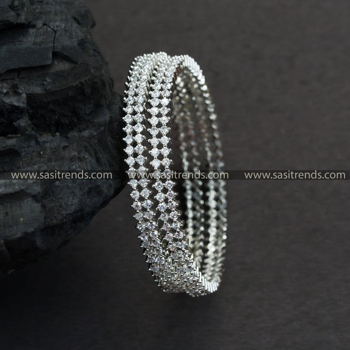 Rhodium Silver Plated Bangles with White American Diamond Stones - Perfect for Party Wear Collections