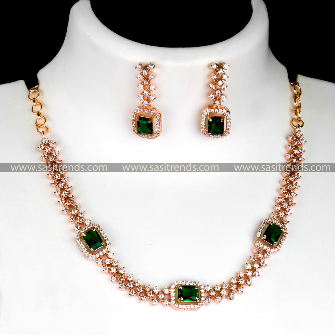 Fashionable Green Party Wear Necklace Set with Rose Gold Plating and American Diamond Stones - Online Shopping for Women