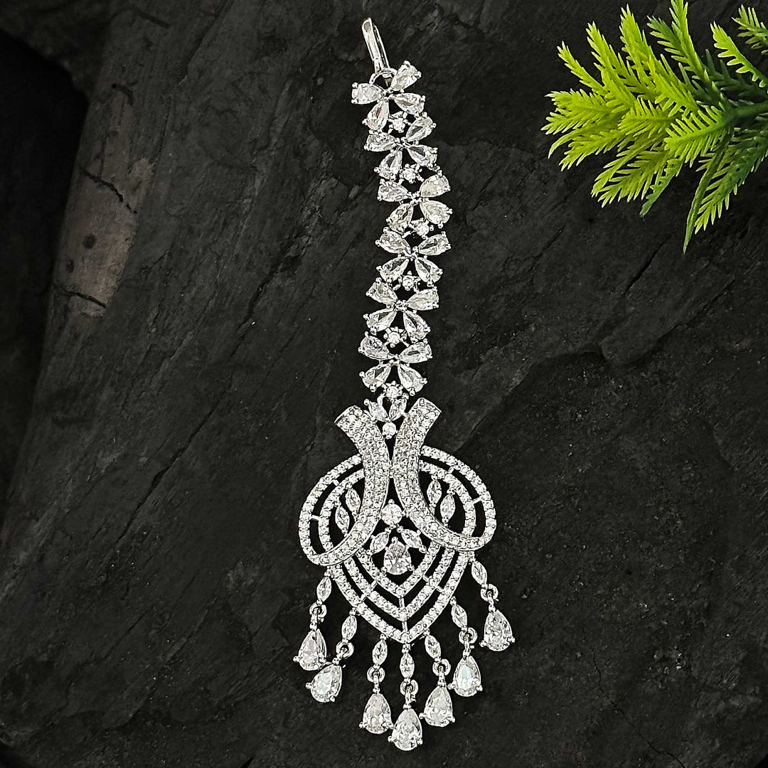 Rhodium Silver Plated Flower Motif AD Maang Tikka for Women