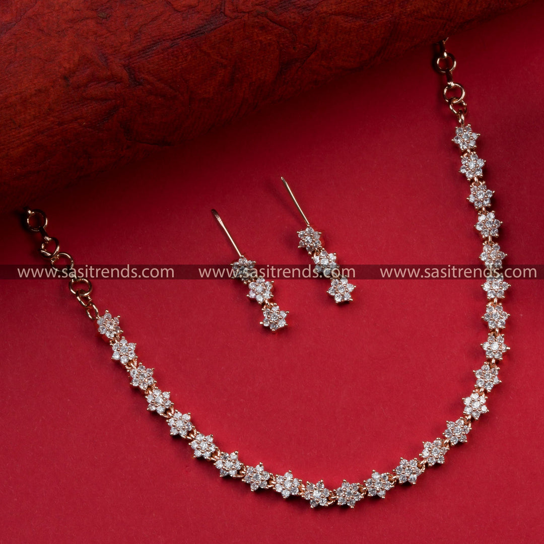 Trendy Floral Party Wear Rose Gold Plated Necklace Set with American Diamonds