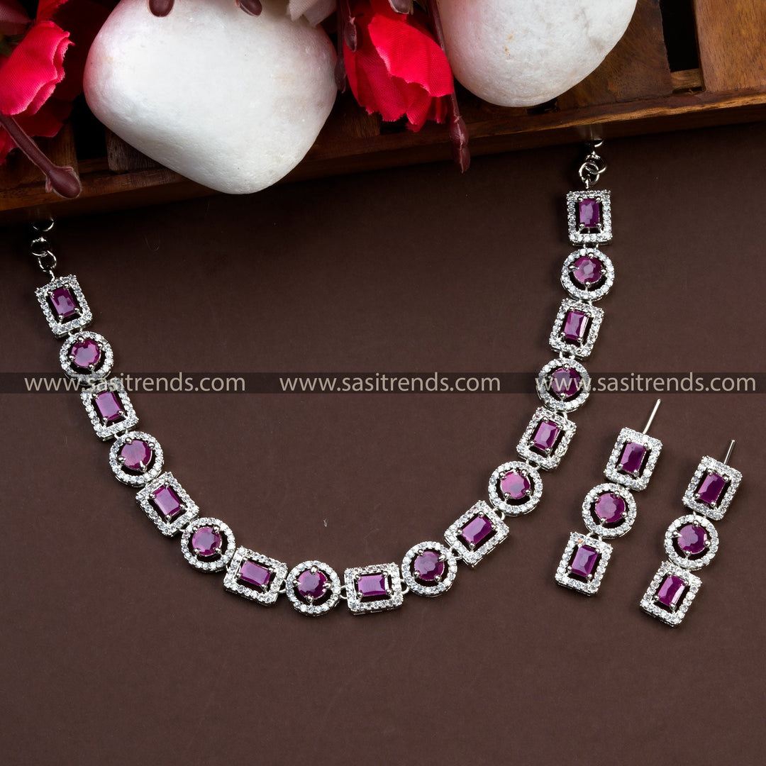 Stunning Rhodium Silver Plated Necklace Set with Gorgeous Ruby Red Stones - Sparkling AD Accents, Ideal for Parties, Latest Trendy Jewelry