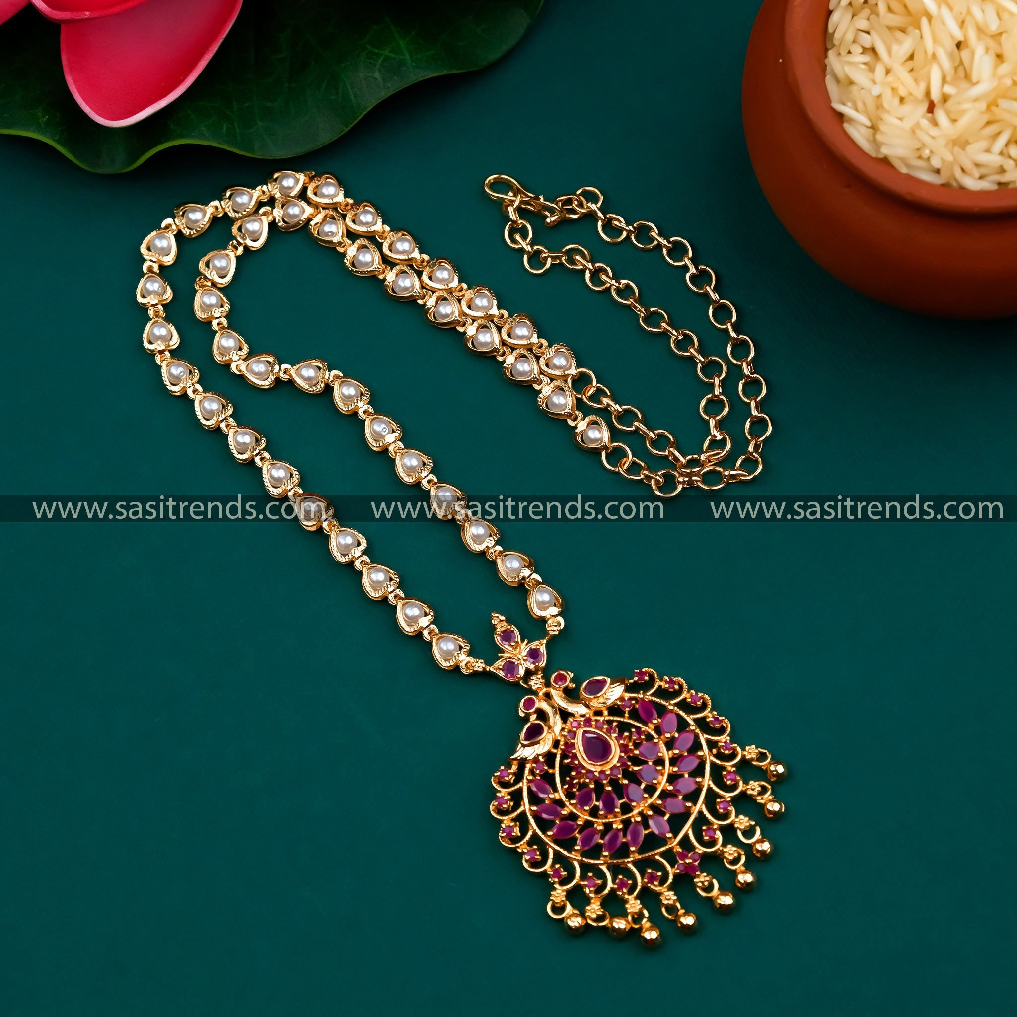 Traditional Micro Gold Plated Long Peacock Pendant Chain with AD Stones