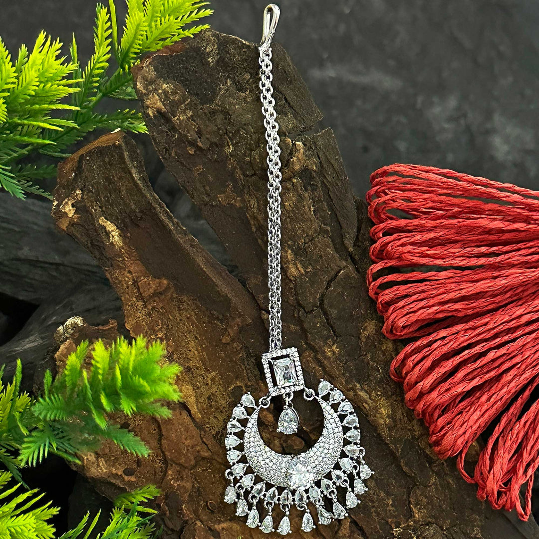 Rhodium Silver Chandbali Maang Tikka with American Diamonds