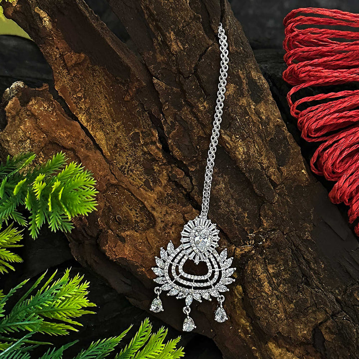 Flower Motif AD Maang Tikka Set - Rhodium Silver Plated, American Diamond Stones | Sasitrends