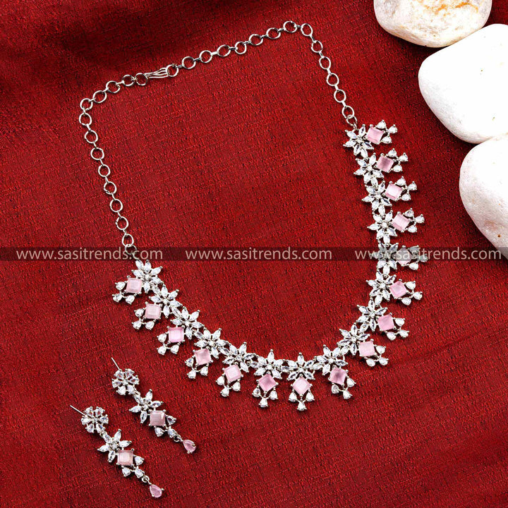 Latest Party Wear Floral Pattern Rhodium Silver Plated Necklace Set with American Diamonds