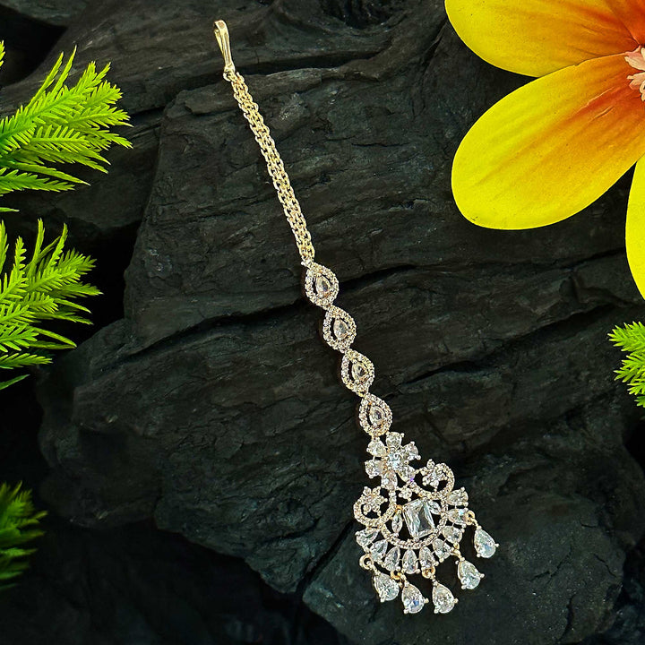 Elegant Rose Gold Plated Floral Motif Maang Tikka with American Diamonds | Sasitrends