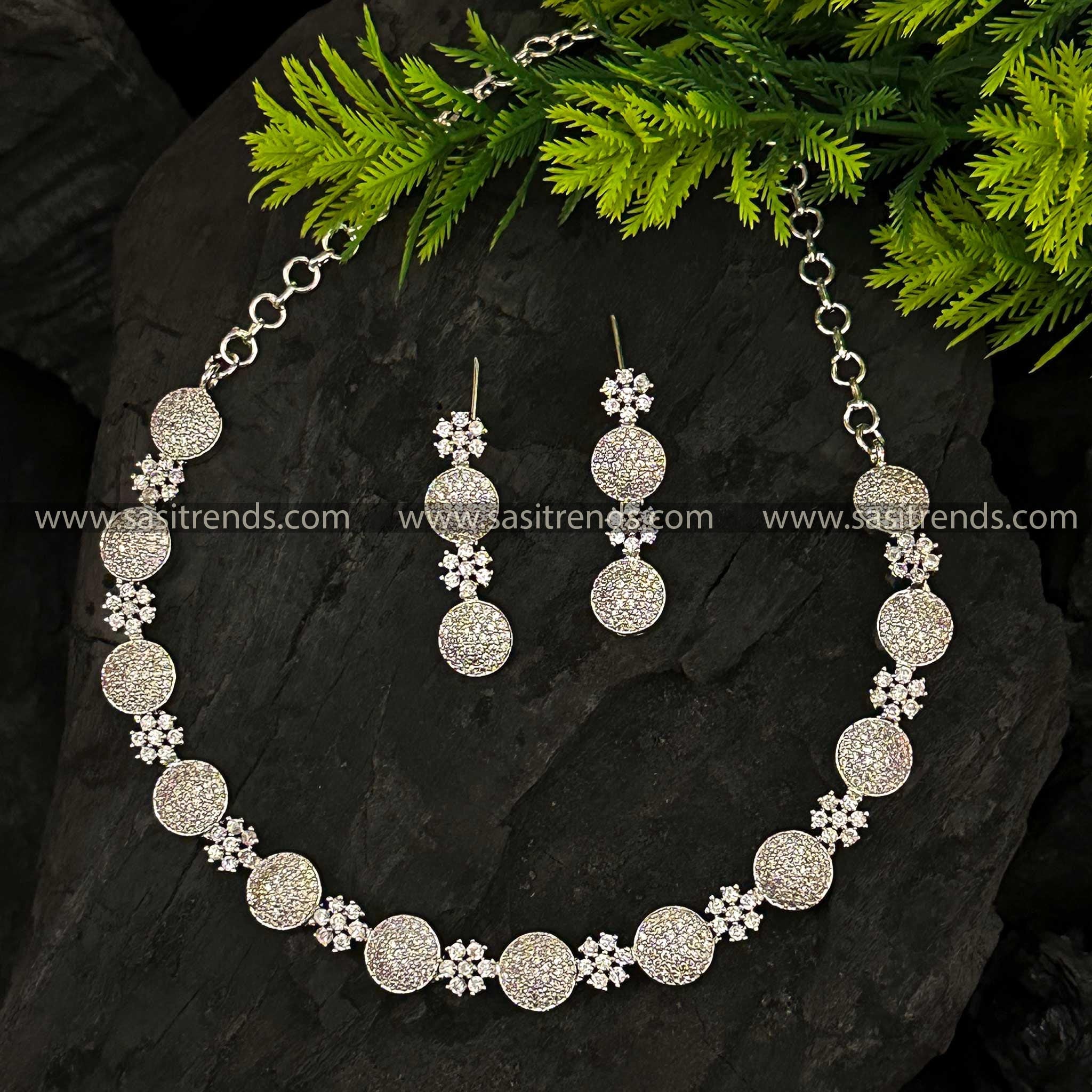 "Floral Pattern Rhodium Silver Plated Jewelry Set with American Diamond Stones