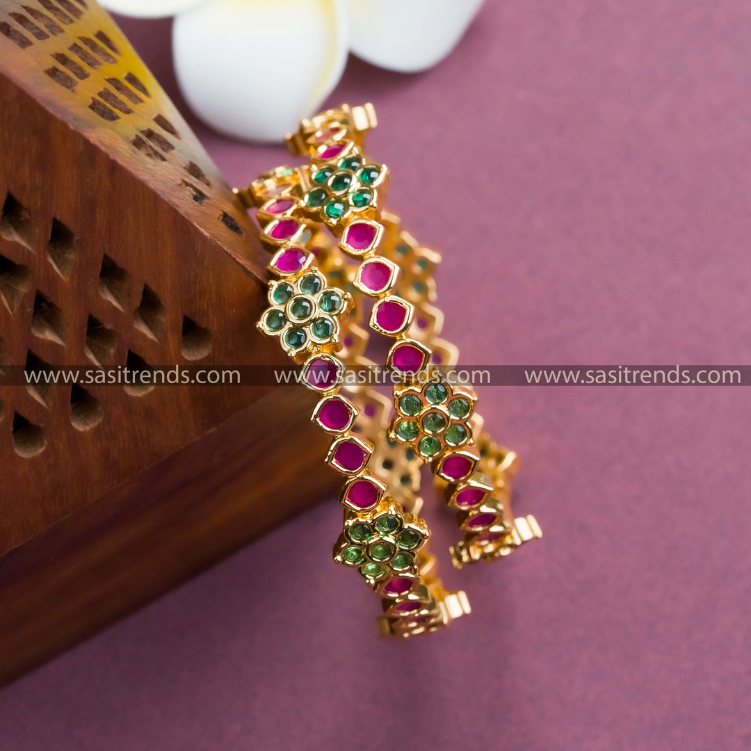 Trendy Ruby-Green Micro Gold Plated Bangles with Floral Pattern & American Diamonds