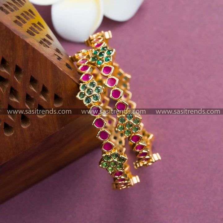 Trendy Ruby-Green Micro Gold Plated Bangles with Floral Pattern & American Diamonds | Sasitrends