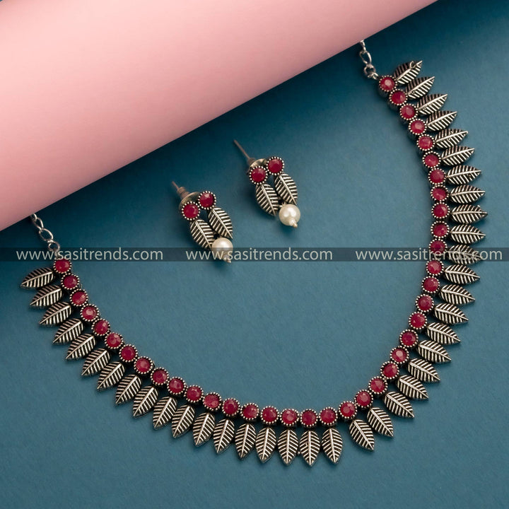 Latest Oxidised Stones Necklace with Earrings Jewellery Set: Trendy Leaf Pattern Design | Sasitrends