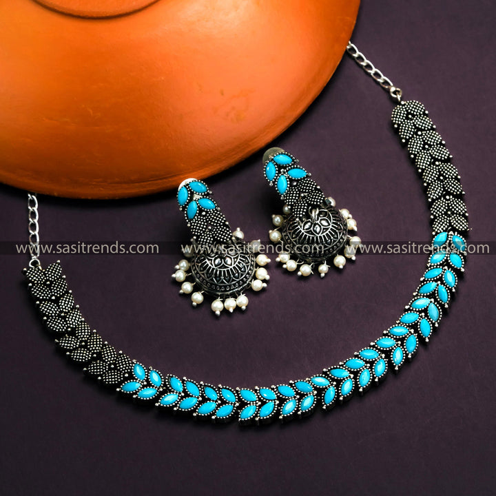 Trendy Oxidised German Silver Sky Blue Leaf Necklace Set with Jhumkas