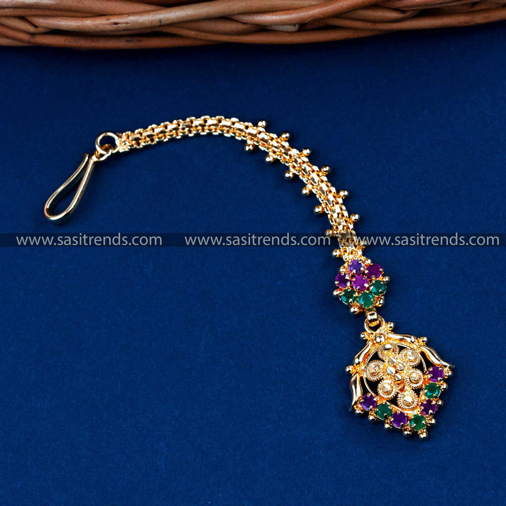 Trendy Micro Gold Plated Floral Maang Tikka with American Diamond Stones | Sasitrends