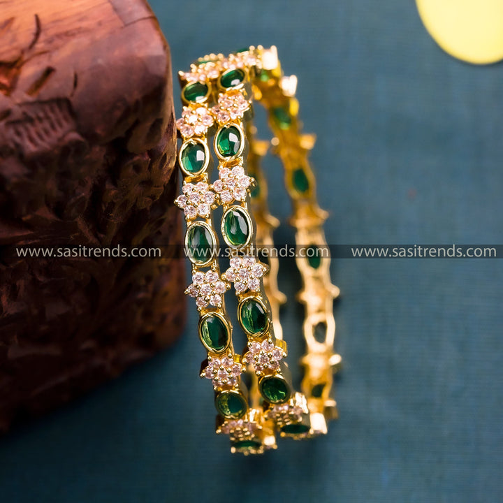 Trendy Traditional Floral Bangles with Green Stones and AD Stones – Perfect for Festivals and Celebrations!