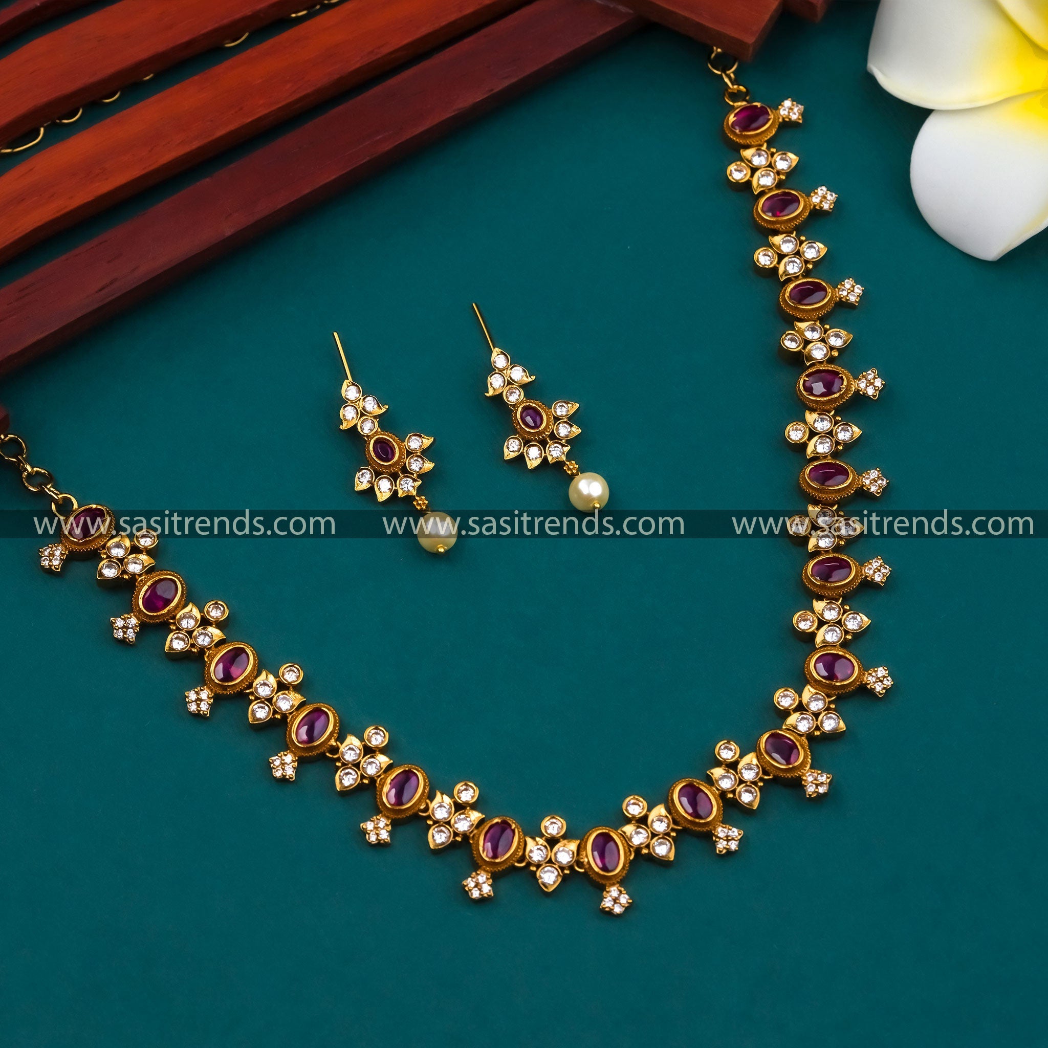 Temple Gold Plated AD Ruby-White Floral Necklace Set for Women