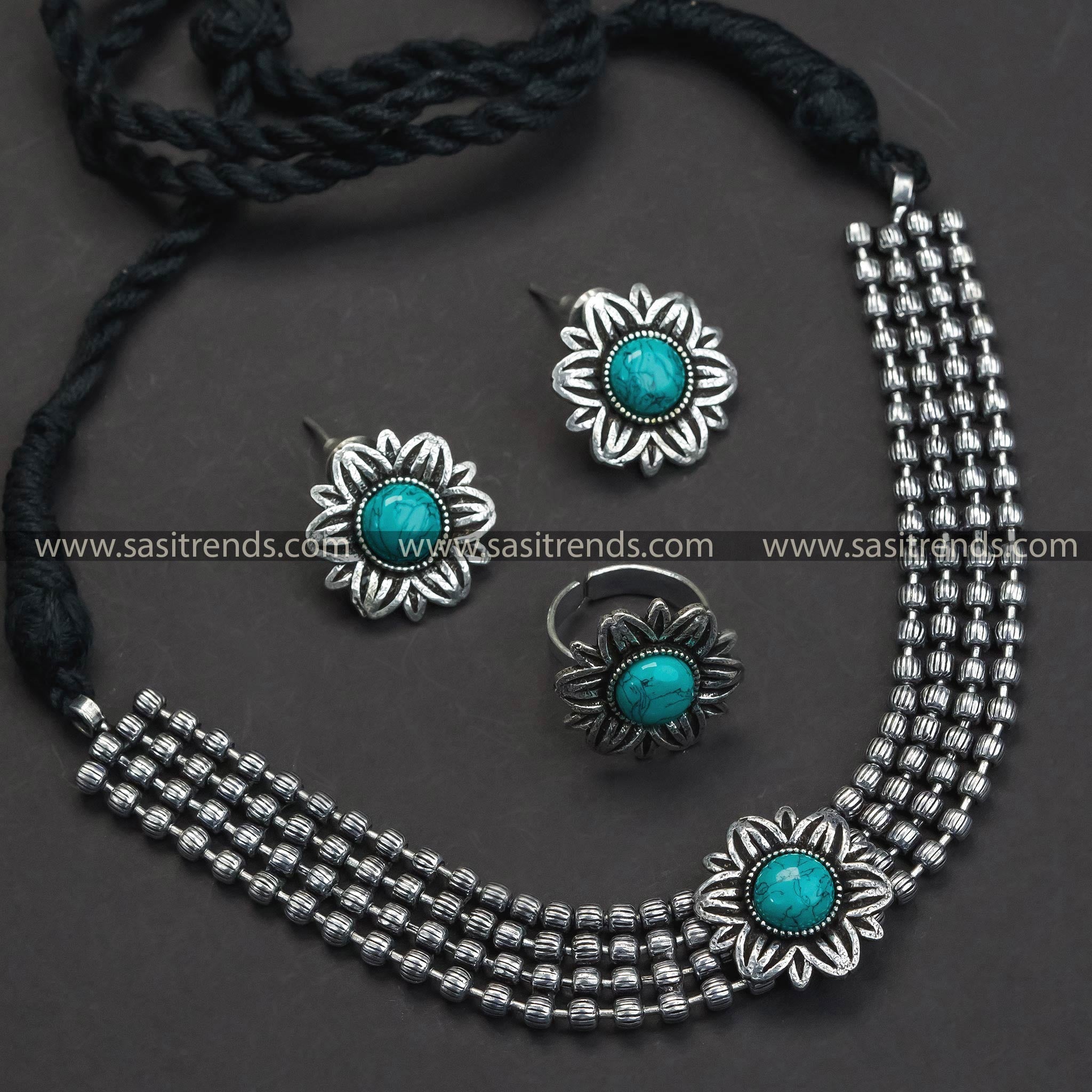 Timeless Turquoise Stone Floral Choker Necklace - Oxidized German Silver Jewelry Combo Set