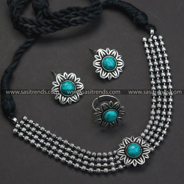 New Jewellery Set: Floral Elegance - Oxidised Silver Layered Choker Stones Necklace Set with Stud Earrings and Ring