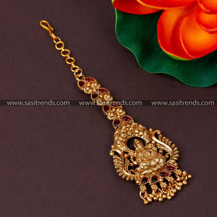 Traditional Lakshmi Motif Matte Gold Plated Classic Maang Tikka with AD Stones & Bead Drops | Sasitrends