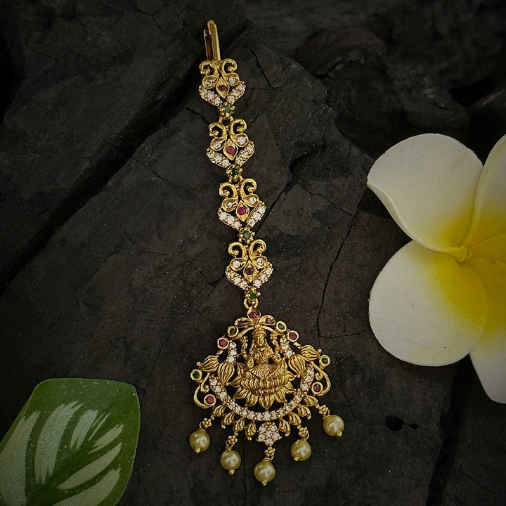 Stunning Temple Matte Gold Plated Bridal Maang Tikka Set with Lakshmi Motif & AD Stones | Sasitrends