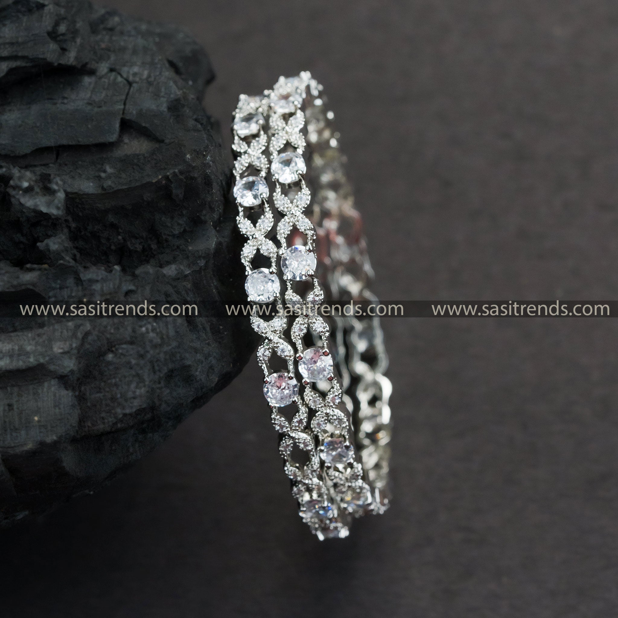 Rich Look Party Wear Rhodium Silver Plated Bangles with American Diamond Stones