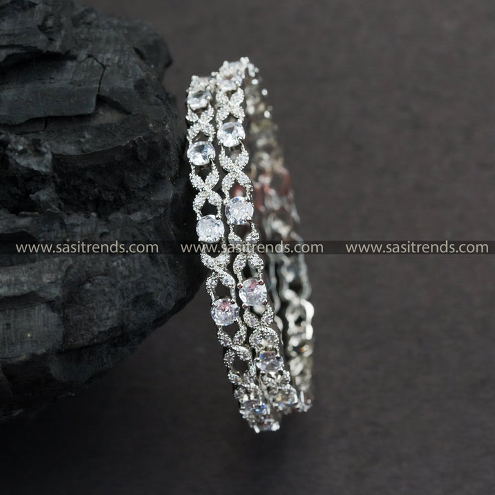 Rich Look Stunning Party Wear Rhodium Silver Plated Bangles with Floral American Diamond Stones