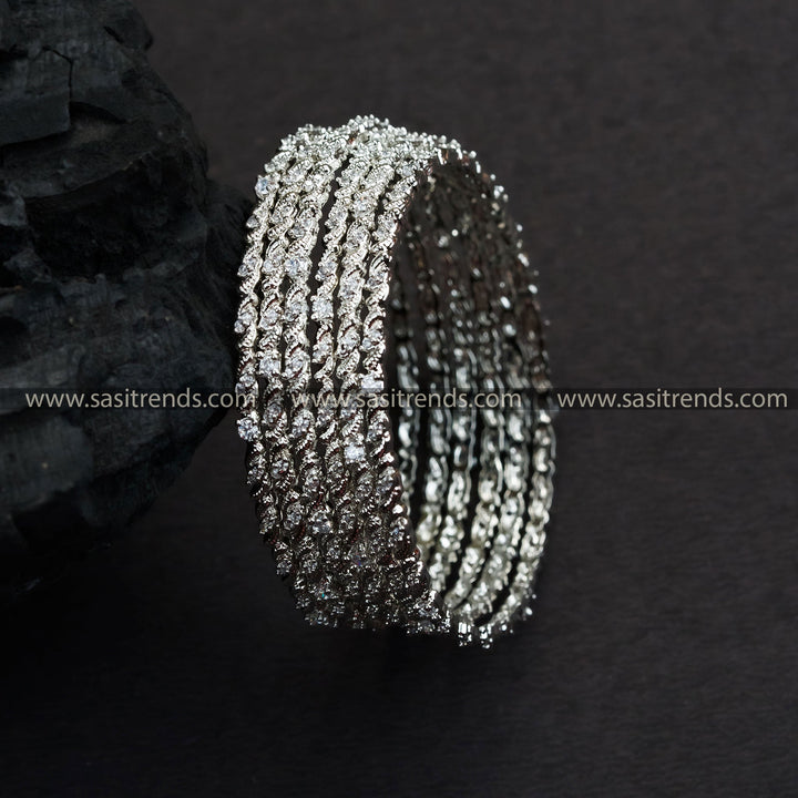 Stunning Rhodium Silver Plated Set of 6 Bangles with American Diamond Stones – Perfect Party Wear