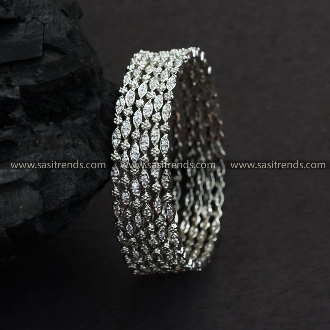 Rhodium Silver Plated Bangles with American Diamond Stones - Set of 6 Party Wear Bracelets