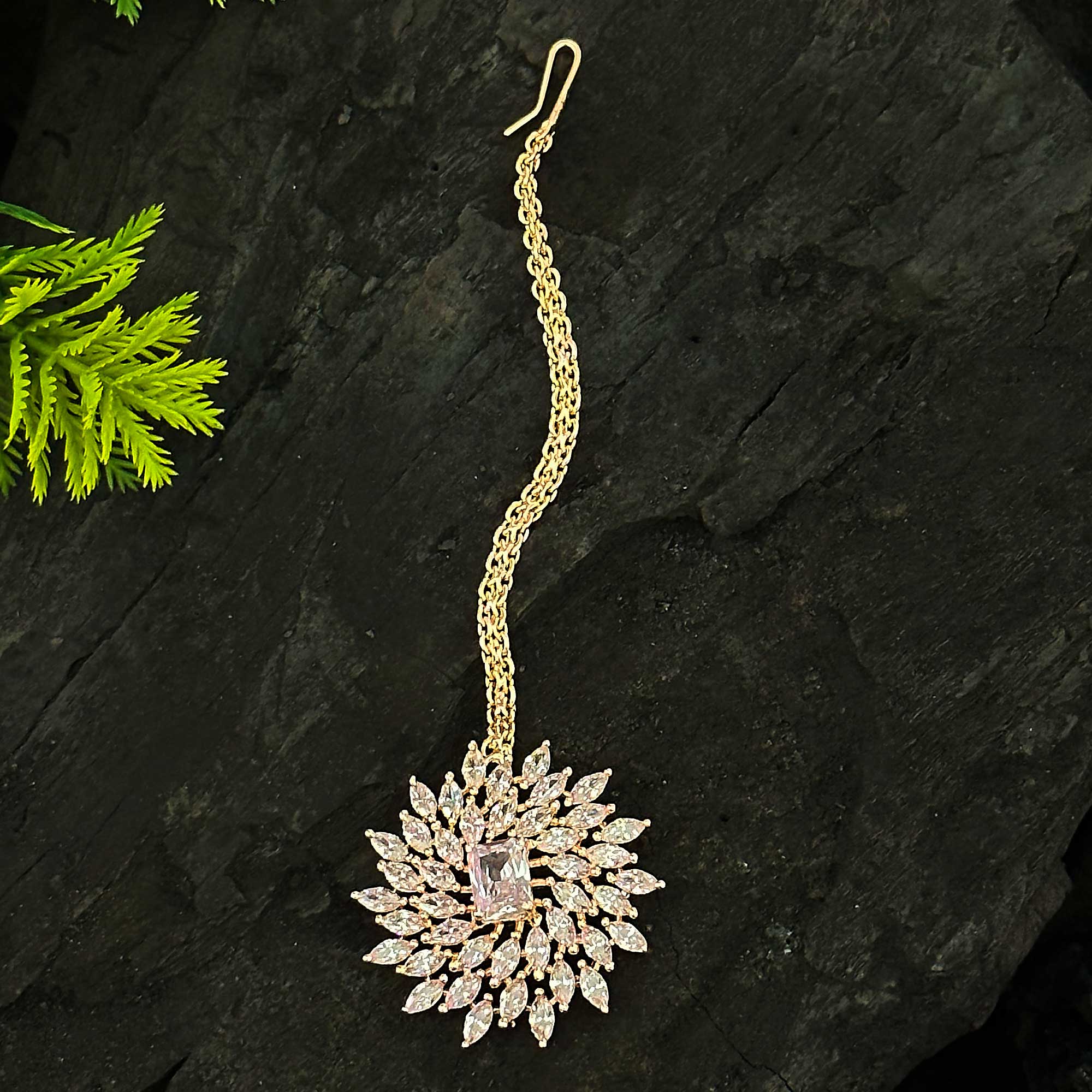 Elegant Rose Gold Plated Maang Tikka with White Stones | Floral Motif & American Diamonds