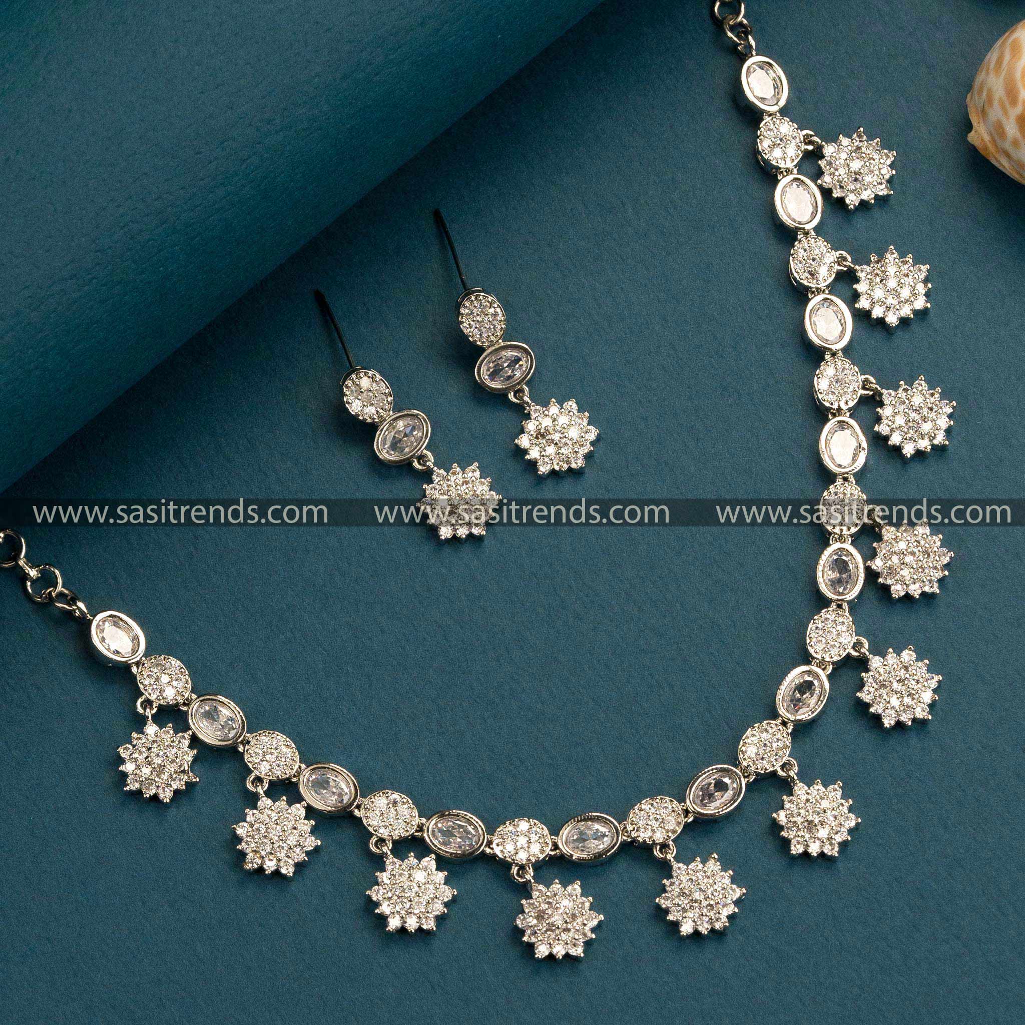 Classic White Floral Necklace Set with American Diamond Stones - Rhodium Silver Plated Trendy Party Wear Jewelry Online Shopping